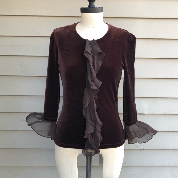 Vintage Cachet Y2K Whimsigoth Ethereal Dark Brown Velvet Silk Ruffle Zip Up Top - Picture 4 of 17